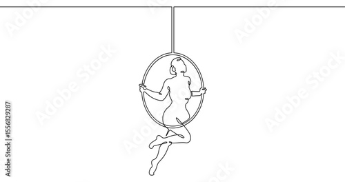 Continuous one line drawing Circus artist with a hoop. Beautiful equilibrist under the circus dome. Circus performance. One continuous line isolated minimal illustration.Not AI.