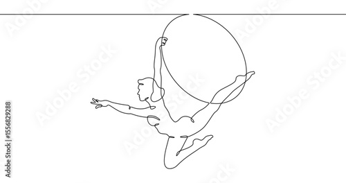 Continuous one line drawing Circus artist with a hoop. Beautiful equilibrist under the circus dome. Circus performance. One continuous line isolated minimal illustration.Not AI.
