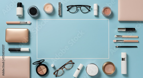 Flatlay Makeup and Beauty Products with Empty Space