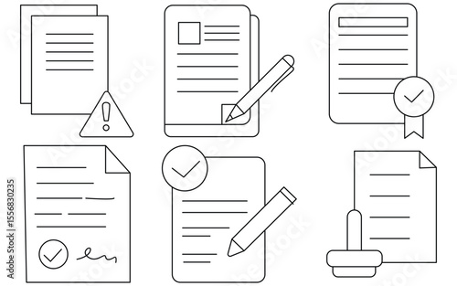 Line Style Legal Icons Collection – Featuring Contract, Testament, Court Order, and Official Documents