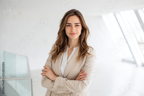 A confident businesswoman in a beige suit arms crossed in a bright modern office Soft natural lighting creates a welcoming