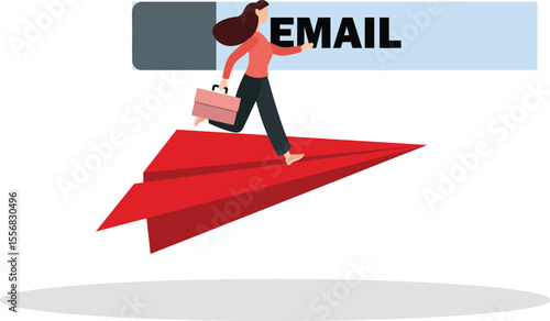 businessman launching origami paper airplane on email subscribe form on website.