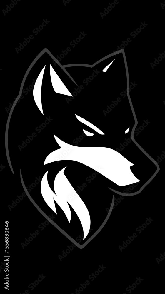 Obraz premium Minimalist bold black and white wolf head icon silhouette with sharp eyes and detailed fur design for logo and branding vector illustration