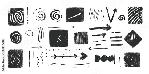 Hand drawn grunge arrow line brush set with abstract spiral, square, scribble, and sketch elements in black ink style for graphic design and creative projects