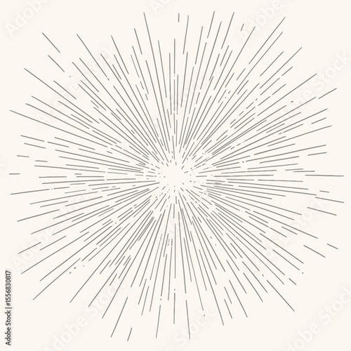 Hand drawn radial burst of varying length thin black lines forming abstract sunburst starburst rays in minimalist flat vector style on white background
