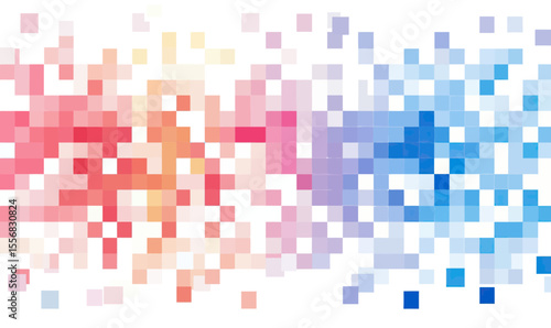 Abstract pixel grid pattern with gradient red to blue scattered squares on white background digital mosaic design in flat minimalist vector style