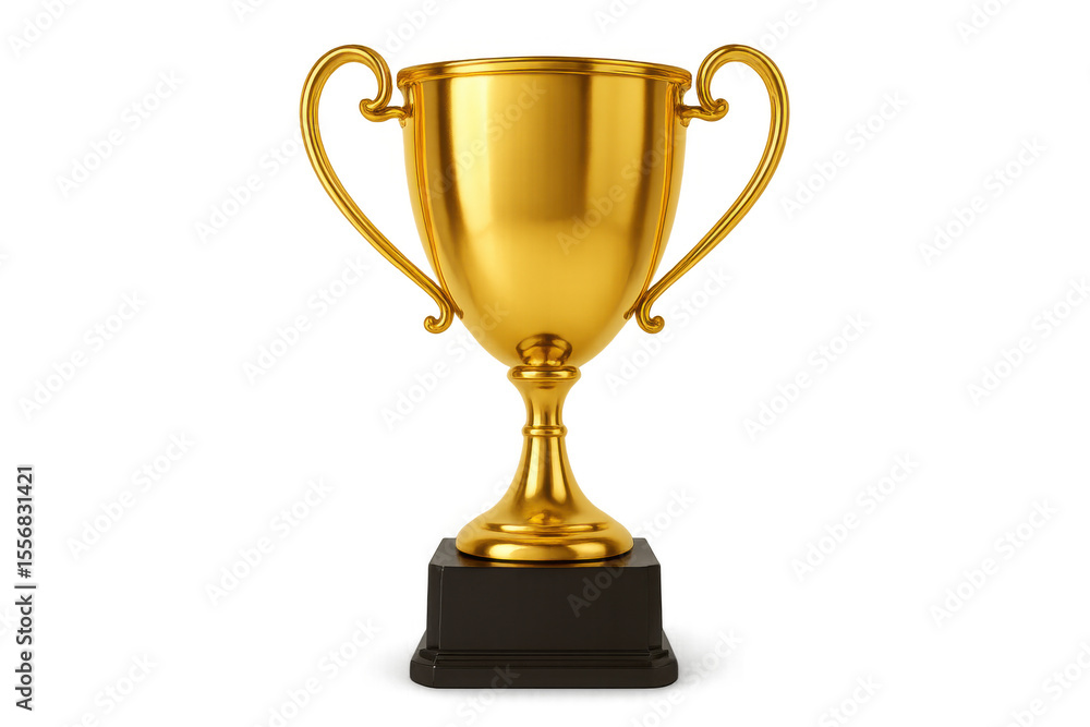 Golden trophy with dual handles resting on black pedestal, symbolizing championship achievement, positioned against transparent backdrop Golden trophy with dual handles resting on black pedestal, symbolizing championship achievement, positioned against transparent backdrop