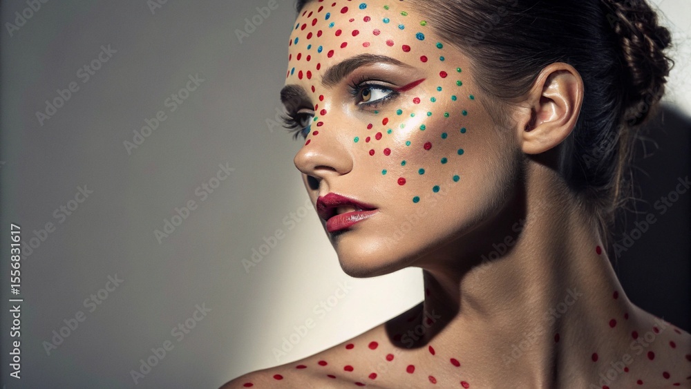 Obraz premium Closeup Portrait of a Woman with Colorful Polka Dot Makeup, Creative makeup look with polka dots and glossy red lips