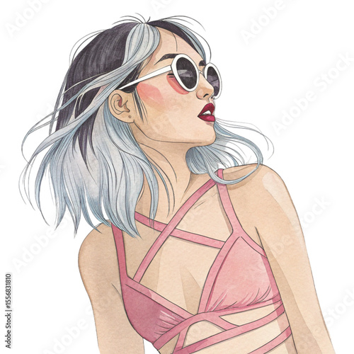 Beautiful Asian Women Wear beachwear beach clothes Clipart Watercolor 