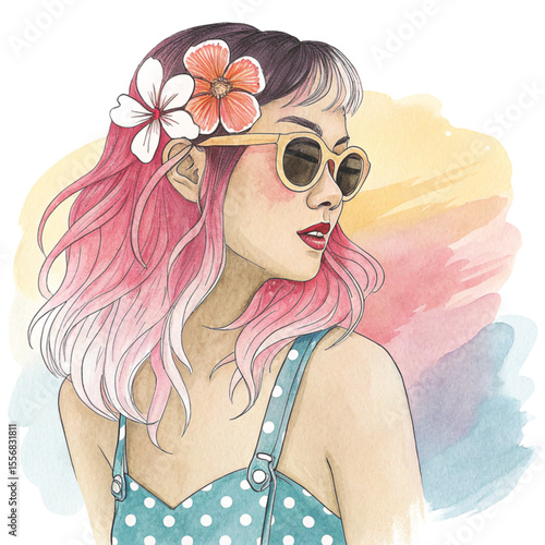 Beautiful Asian Women Wear beachwear beach clothes Clipart Watercolor 