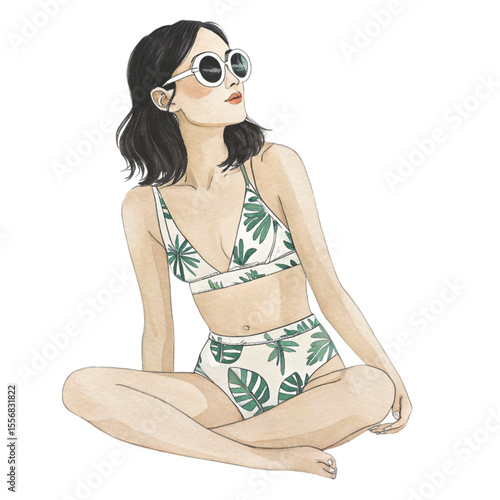 Beautiful Asian Women Wear beachwear beach clothes Clipart Watercolor 