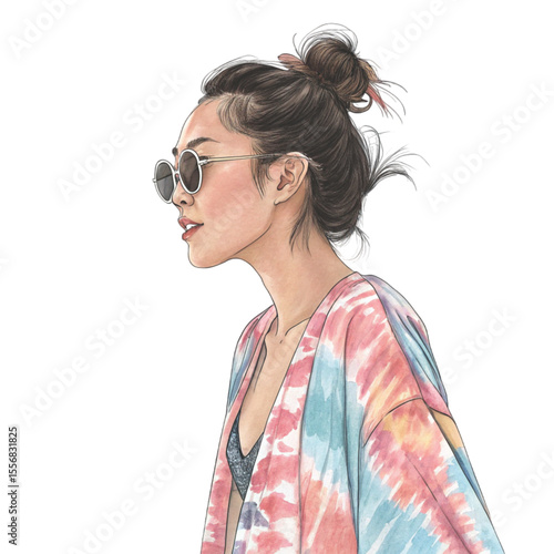 Beautiful Asian Women Wear beachwear beach clothes Clipart Watercolor 