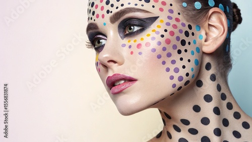 Closeup Portrait of a Woman with Colorful Polka Dot Makeup,  Creative makeup look with polka dots and glossy red lips