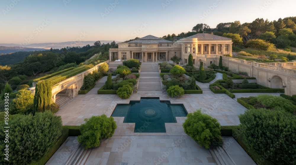 A grand hillside estate with a formal garden reflecting pool classical architectural elements photographed during golden hour with A grand hillside estate with a formal garden reflecting pool classical architectural elements photographed during golden hour with