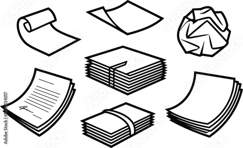 Black and White Paper Documents Stacks Sheets Rolled Crumpled