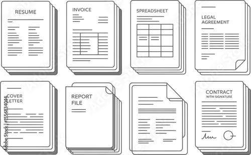 Gray Scale Stacks of Business Documents Resume Invoice Spreadsheet Contract
