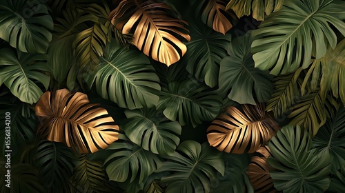 Golden Green Tropical Leaves. (6)