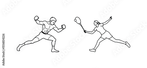 A boxer and tennis player line drawing vector illustration 