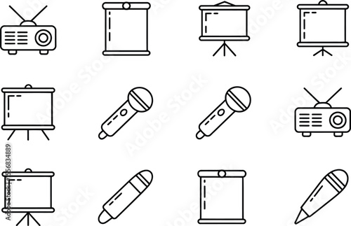 Black and White Line Art Icons Presentation Equipment Radio Microphone