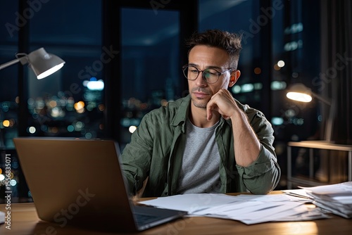 A professional wearing glasses and a green shirt works late at a wooden desk surrounded by papers and a laptop