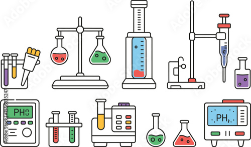 Colorful Chemistry Lab Equipment Icons Set Science Experiment Illustration