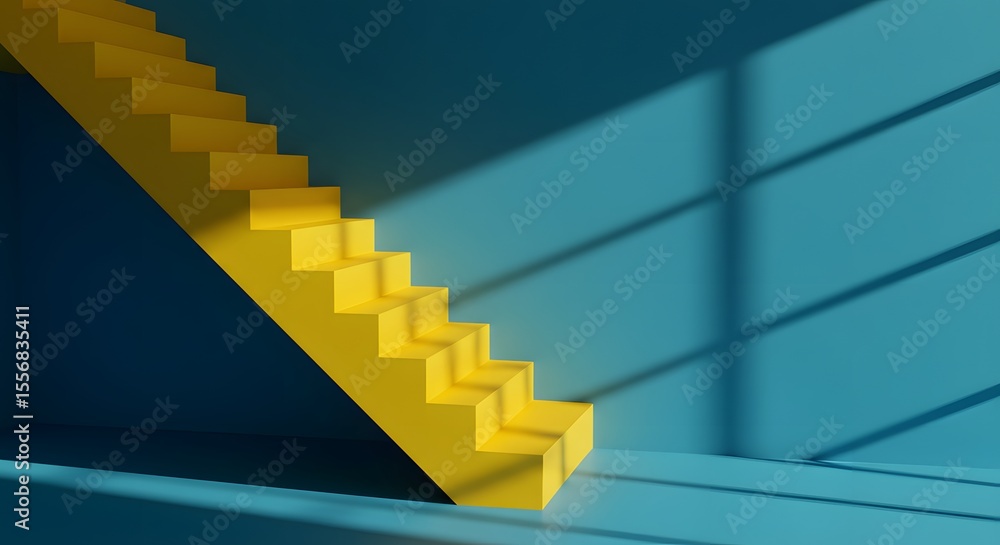 Obraz premium Abstract Yellow Staircase Ascending Towards Sunlight Minimalist 3D Design