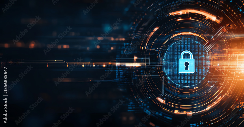 Obraz premium Abstract futuristic cybersecurity technology with digital lock symbolizing security and protection in networked environment, conveying sense of safety and innovation