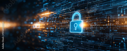 Abstract digital security background with blue padlock symbol, representing data protection and cybersecurity. image conveys sense of safety and technological advancement