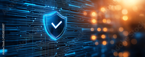 Blue background features glowing shield with checkmark, symbolizing security and protection in digital environment. design conveys sense of trust and safety
