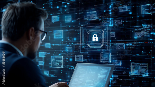 Digital cybersecurity and cyber protection concept featuring professional analyzing data laptop, surrounded by digital security graphics and lock symbols, conveying sense of vigilance and safety
