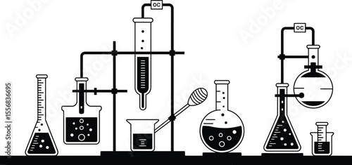 Black and White Chemistry Lab Equipment Illustration