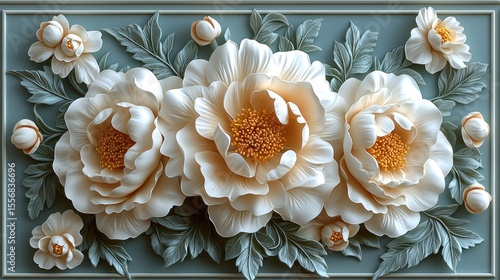 Elegant, 3D floral arrangement of pale peach peonies and greenery