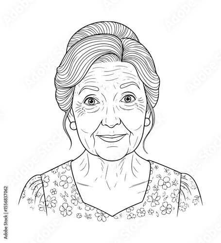 Curious Grandmother Face Line Art