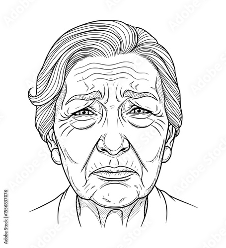 Cringing Grandmother Face Line Art