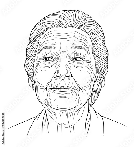 Daydreaming Grandmother Face Line Art