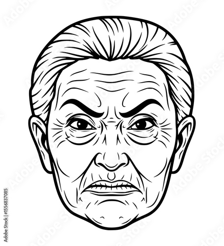 Disgusted (Severe) Grandmother Face Line Art
