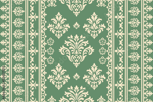 Damask Ethnic Ikat Floral Pattern in Traditional Seamless Embroidery Style, Abstract Ornamental Textile Fabric Design for Clothing, Home Decoration and Background Illustration.
