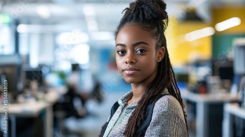 A vibrant portrait of a young African American female in a modern office environment. She exudes confidence and warmth, showcasing beauty and professionalism.
