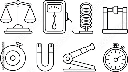 Science Equipment Icons Balance Scale Meter Spring Magnet Stopwatch