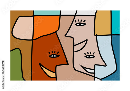 abstract illustration featuring multiple intertwined faces or facial elements