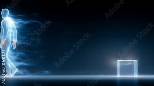 Luminous humanoid figure strides toward a glowing cube in a dark ethereal space