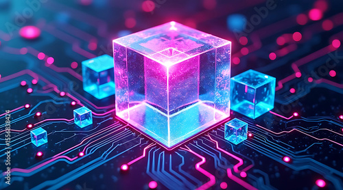 Quantum computing: abstract technology cube with circuit board