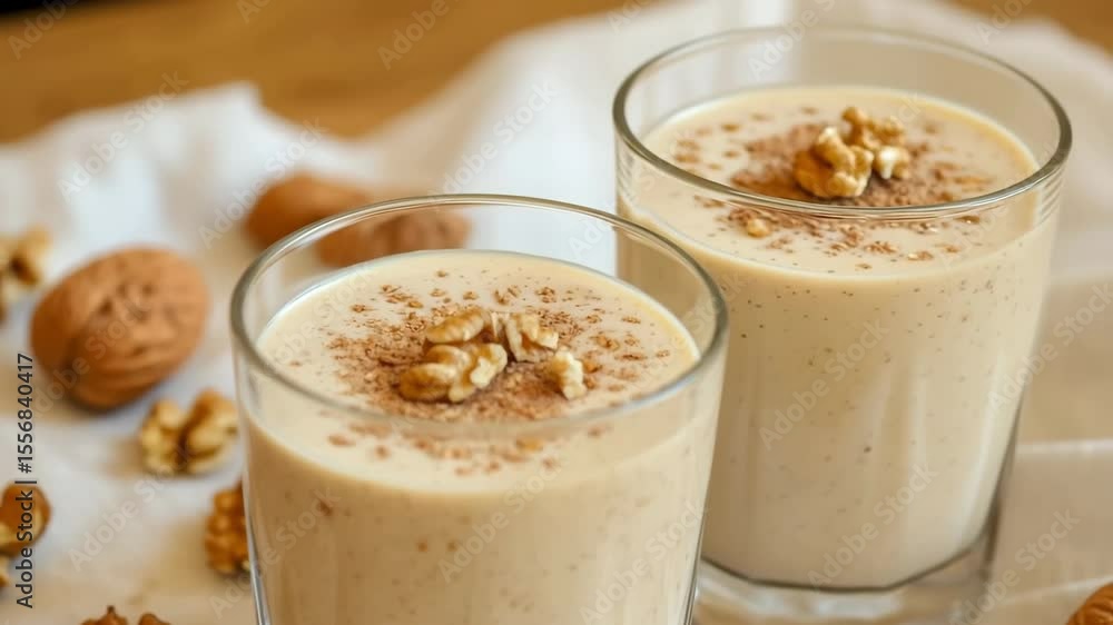 Two glasses of walnut smoothie decorated with cinnamon and walnuts, promoting healthy eating and nutritious snacks Two glasses of walnut smoothie decorated with cinnamon and walnuts, promoting healthy eating and nutritious snacks