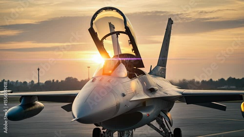Fighter jet taxiing on runway during sunset with cockpit open and pilots preparing for takeoff