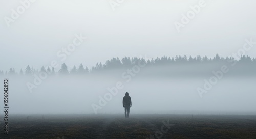 a distant figure in a light mist, with an unusual yet beautiful camera angle, natural lighting, clean background, no text, styled for poster or website use, an on-trend aesthetic