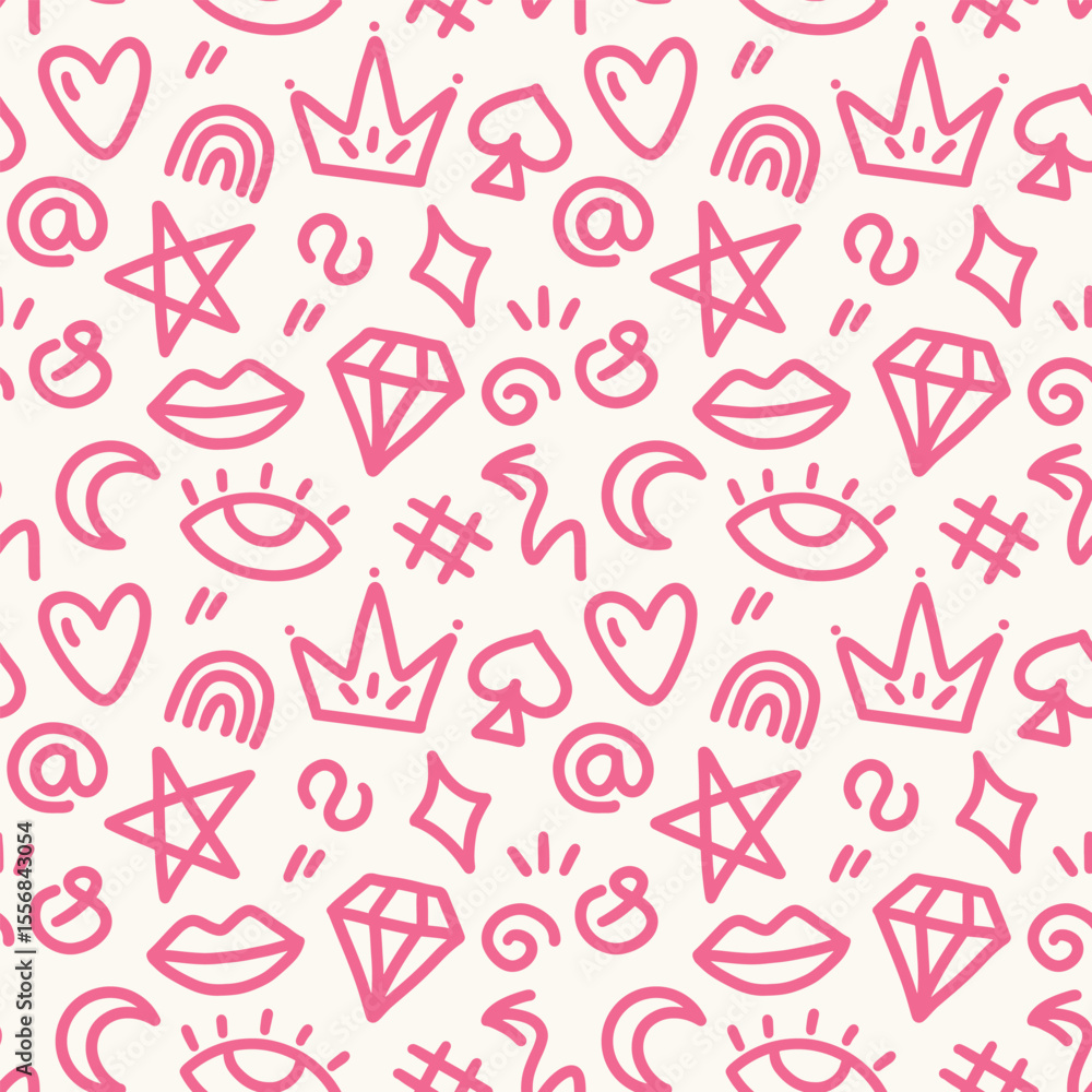 Seamless pink vector pattern featuring hand-drawn elements: eyes, diamonds, arches, crowns, spirals, and more. Modern, playful, and stylish design perfect for fashion, stationery, and digital projects Seamless pink vector pattern featuring hand-drawn elements: eyes, diamonds, arches, crowns, spirals, and more. Modern, playful, and stylish design perfect for fashion, stationery, and digital projects