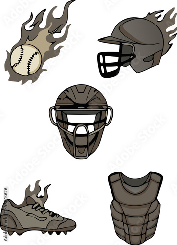 Illustrated baseball gear showcases a catching mask, helmet, cleat, chest protector and a baseball with blazing flames