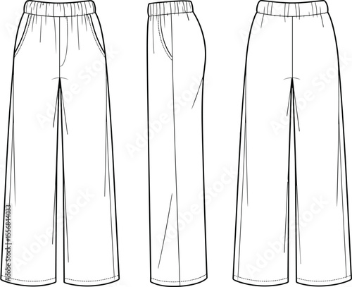 Women's Wide Leg Pants Flat Sketch, Elastic Waist Design with Side Pockets, Fashion Apparel Template for Comfortable Casual Wear and Relaxed Style.
