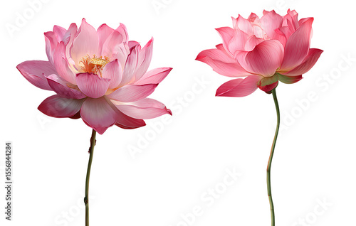 A pink lotus flower with long stem, isolated on transparent background