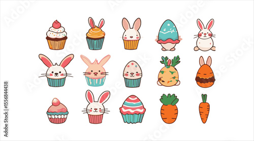 Adorable Easter cupcakes featuring a rabbit, a chicken, and a carrot. Vector illustration set against a white background.

